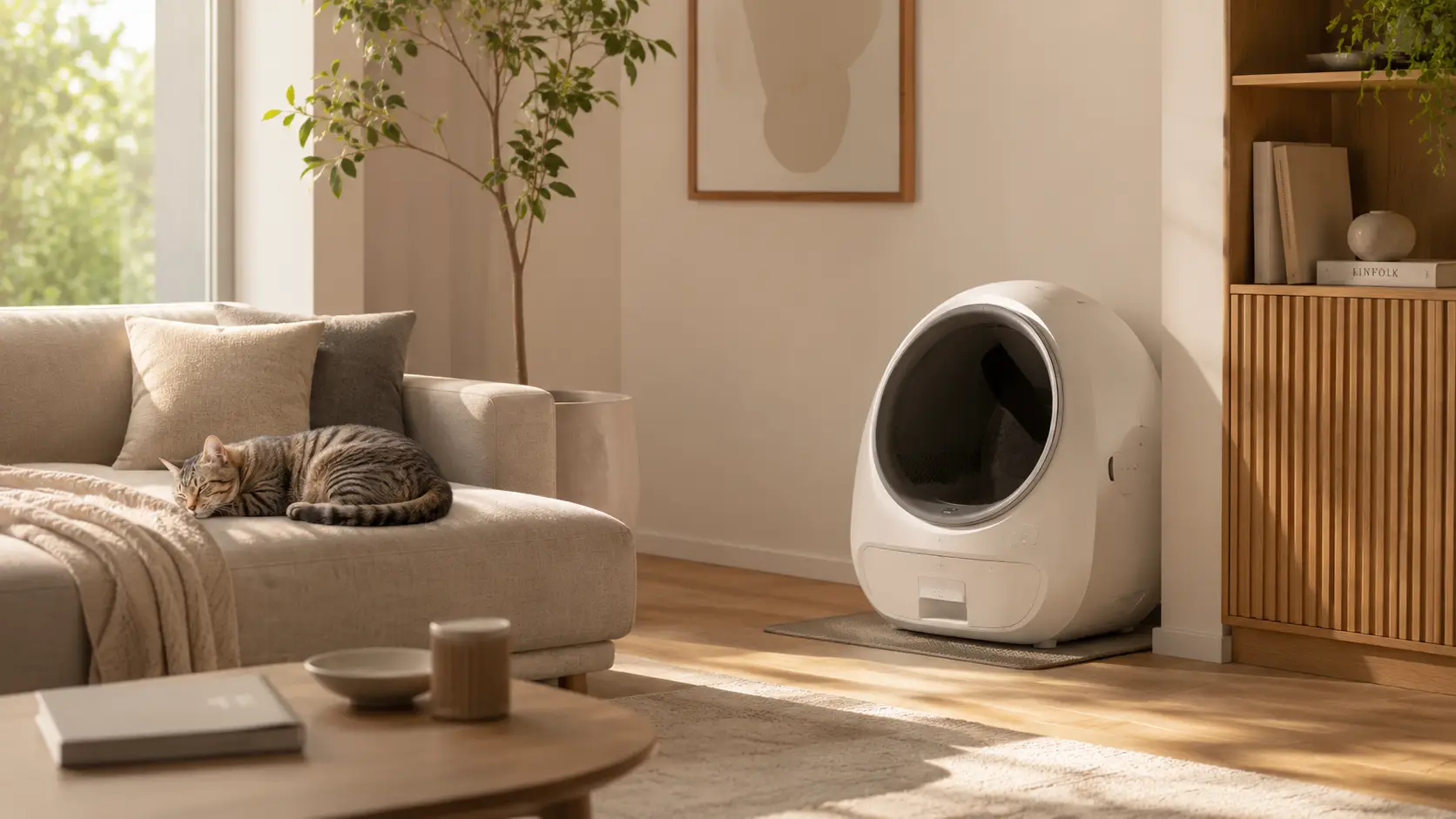 happy cat sitting near an odor free self cleaning litter box in living room