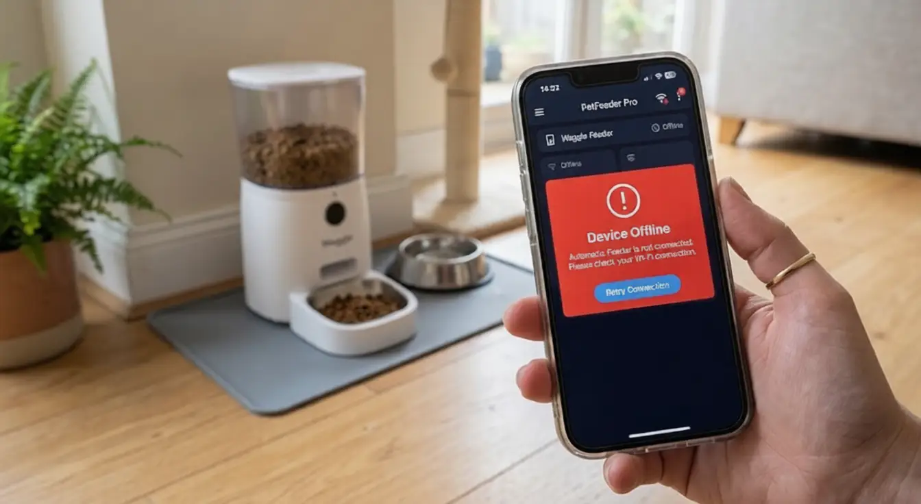 Smart pet feeder app interface showing device offline error message