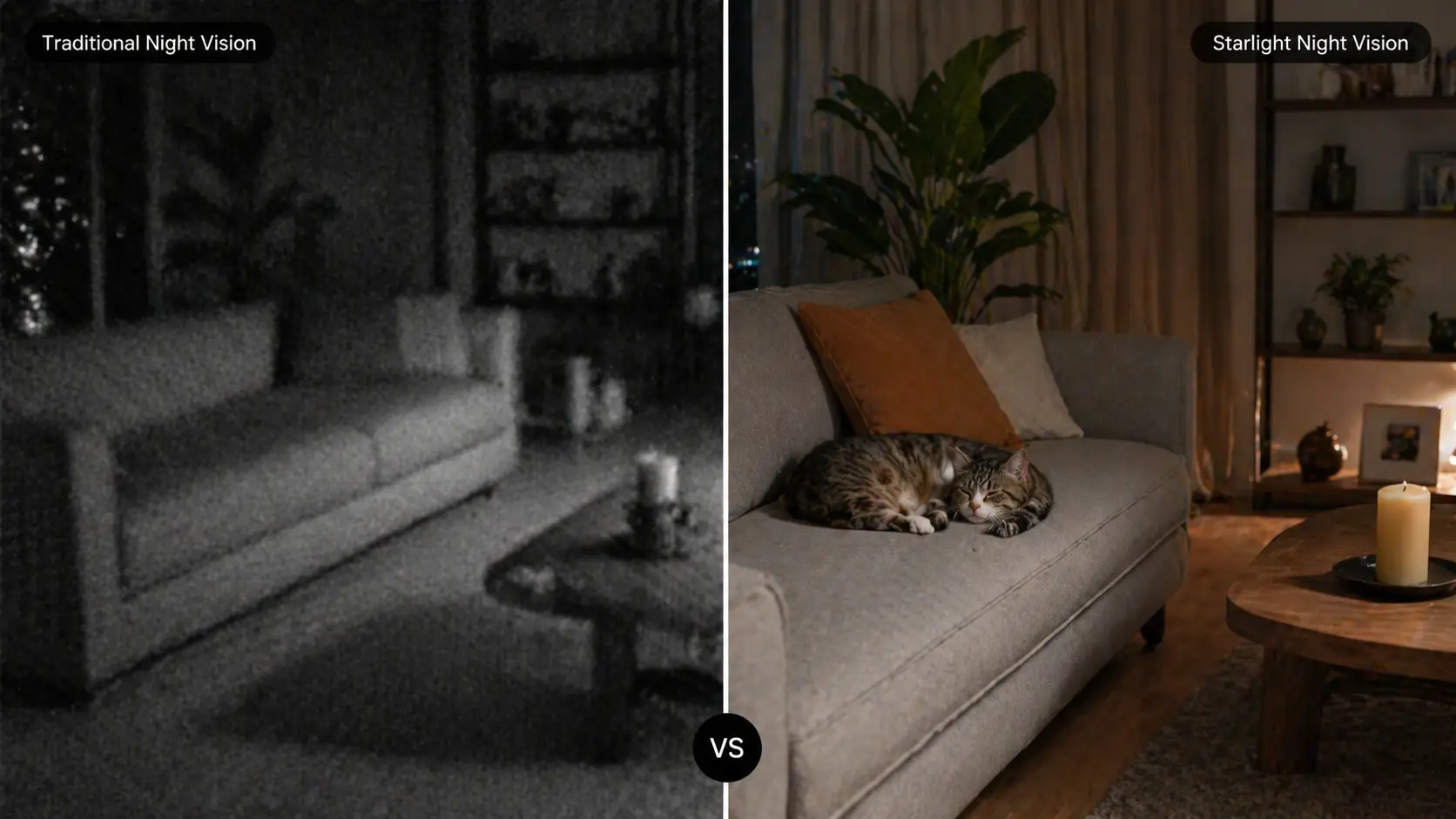 Clear color night vision footage of a cat sleeping in a dark room captured by a subscription-free security camera