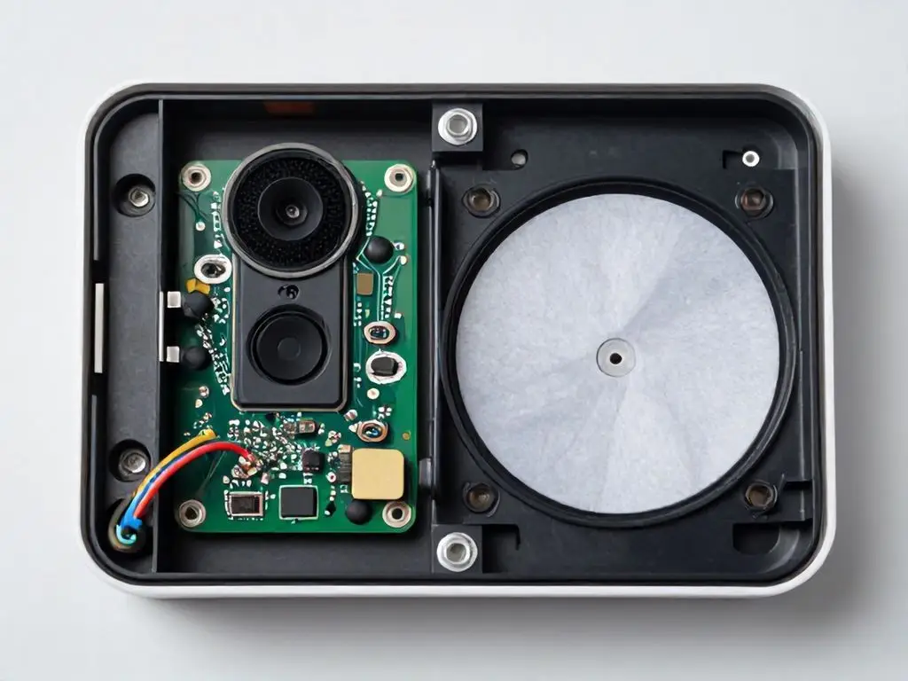 smart pet camera teardown showing internal microphone and speaker diaphragm