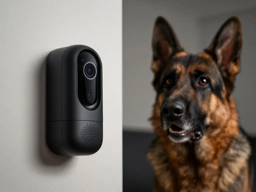 German Shepherd dog scared by strange sound from smart pet camera audio