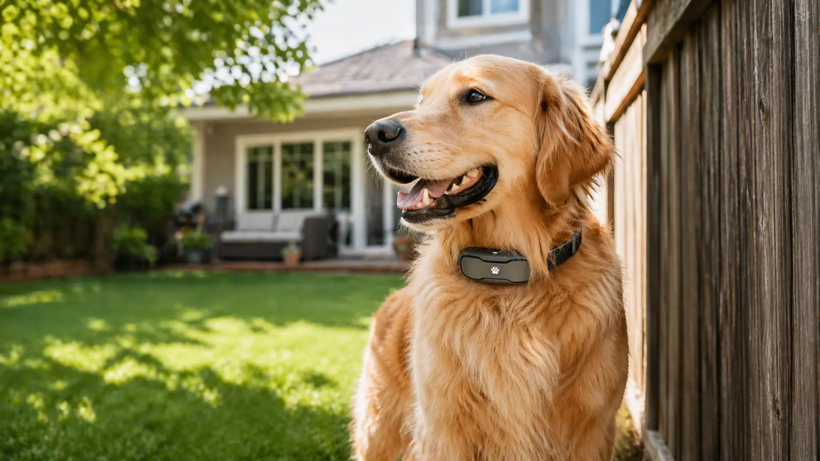 Best GPS Dog Collars for Escape Artists - Golden Retriever wearing smart GPS collar in backyard