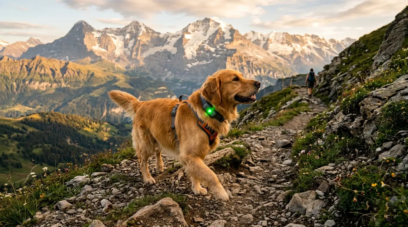 Best GPS trackers for hiking dogs - Golden Retriever wearing a smart collar on a mountain trail