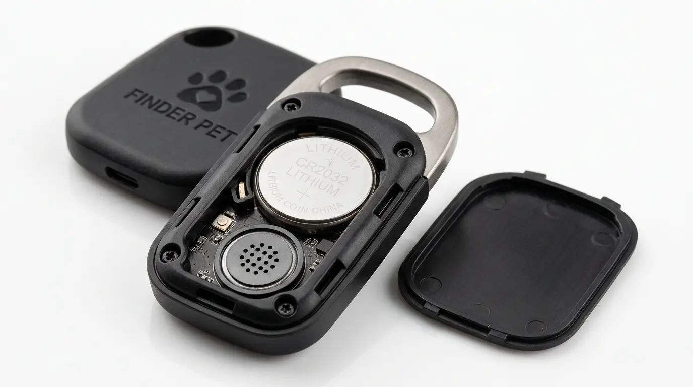 Close-up of Bluetooth pet tracker showing compact design with coin cell battery and speaker
