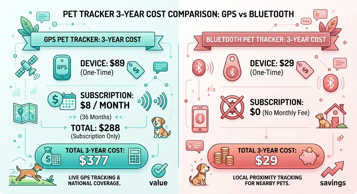 Cost comparison infographic showing GPS tracker $230-338 over 3 years versus Bluetooth tracker $35-95 over 3 years