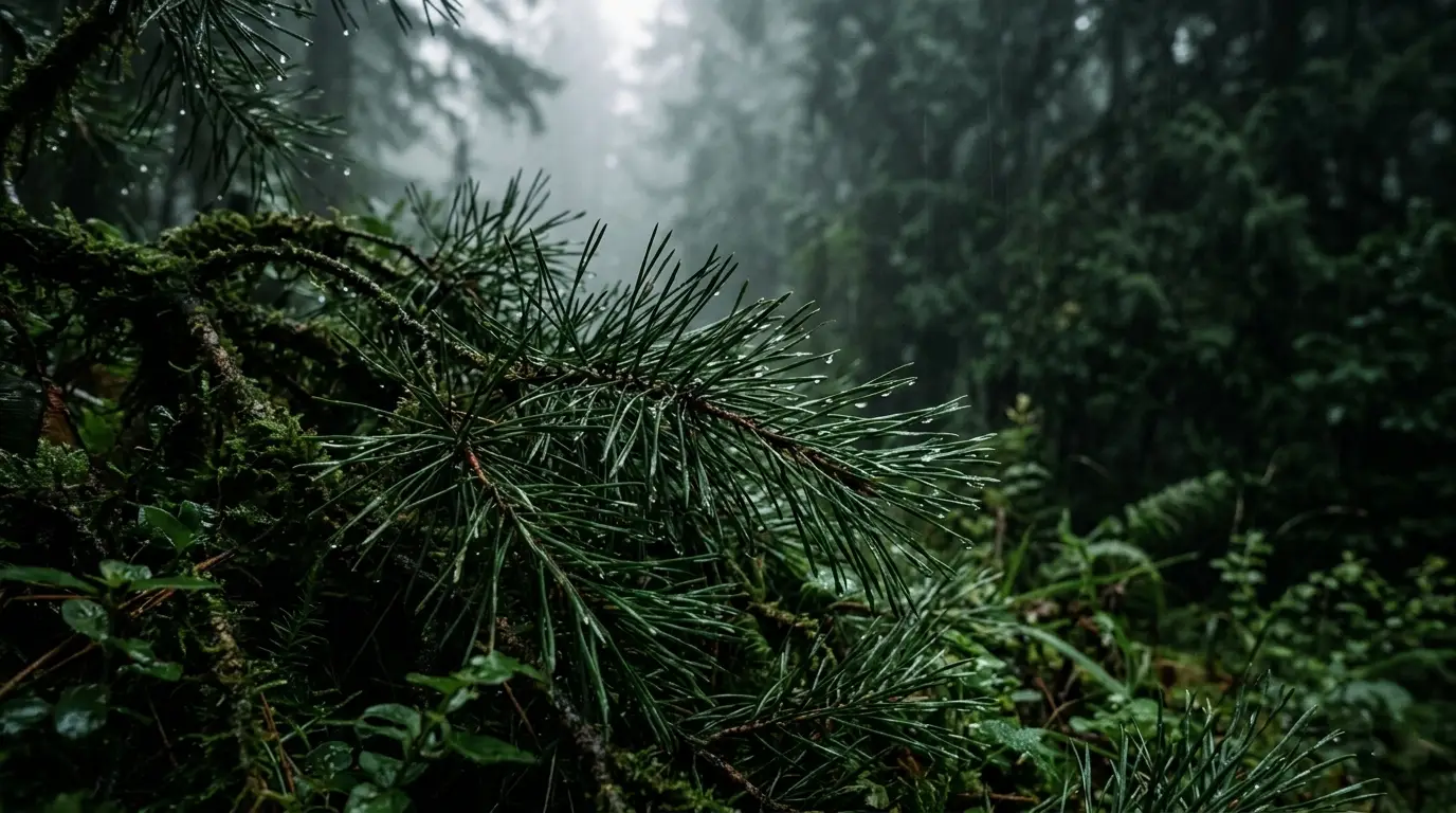 Dense wet forest foliage that blocks 2.4GHz Bluetooth signals from dog trackers