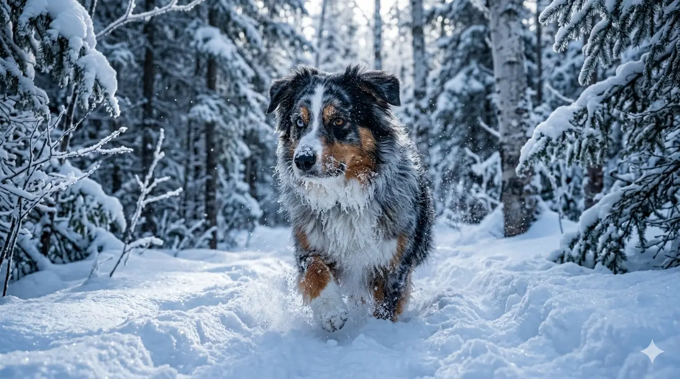 Hiking dog in deep snow wearing a GPS collar facing battery drain in cold weather