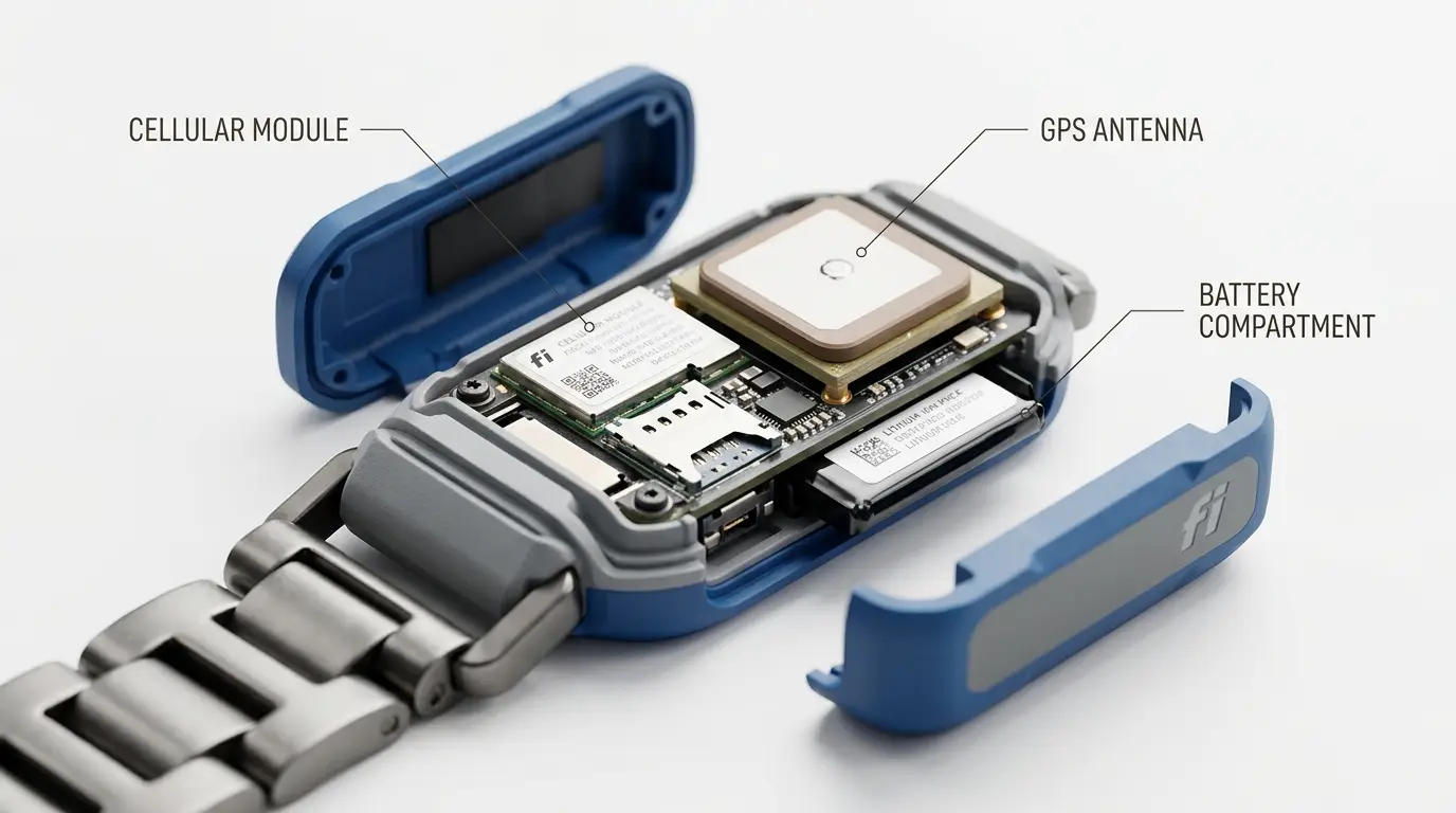 Close-up of GPS pet tracker internal components showing GPS antenna, cellular modem, and battery