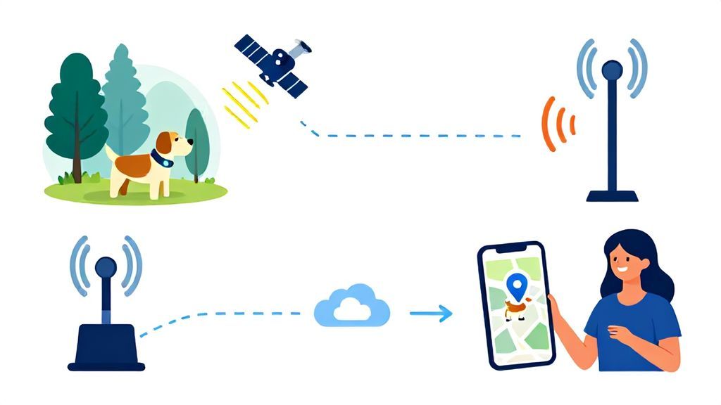 GPS dog collar working diagram showing satellite signal to collar and transmission via cell tower to smartphone