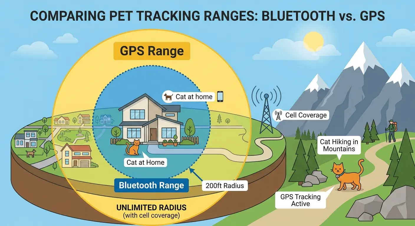 Infographic showing Bluetooth 200ft range circle versus GPS unlimited range for pet tracking