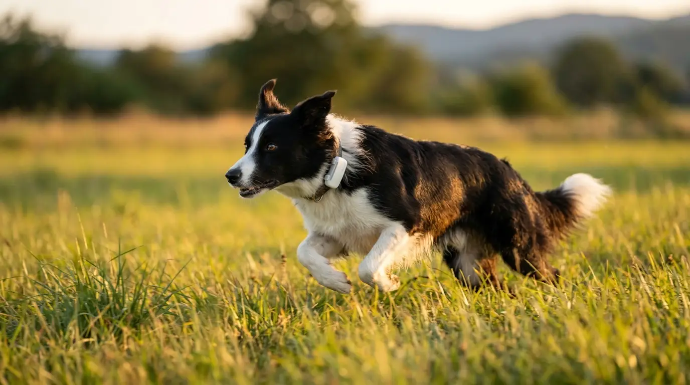 Border Collie running with Tractive GPS tracker in field