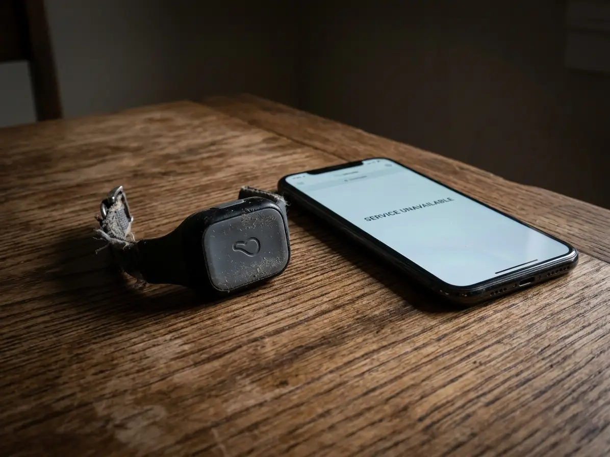 Discontinued Whistle GPS pet tracker on wooden table